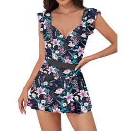 Upopby - Traje de baño de una pieza para mujer, con volantes y control de abdomen, traje de baño con falda de malla adelgazante, Pintado floral, Small