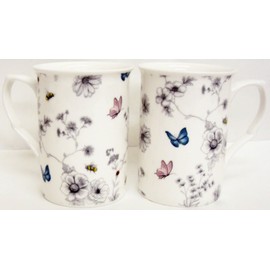 fromeuropewithlove Secret Garden Mugs Set of 2 Fine Bone China Flowers Butterflies and Bees Mugs Hand Decorated in the UK