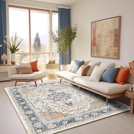 Area Rugs for Living Room Non-Shedding Boho Rug for Bedroom 0.3inch Vintage Washable Non-Slip Back Carpet for Home Office and Other High Traffic Areas (Cream Orange Blue, 8 * 10)