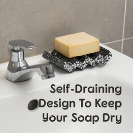 Tapeera Zig Zag Jesmonite Terrazzo Stone Soap Dish for Bathroom Sink - Concrete Soap Saver for Bar Soap Holder for Shower - Sponge Holder - Self Draining Soap Dish Holder - Kitchen Soap Tray (Black)