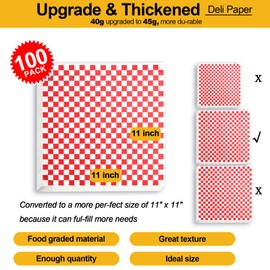 100Pcs Deli Paper Sheets 11x11", Premium Wax Paper Sheets for Food, Grease Resistant Food Basket Liners, Classic Checkered Sandwich Wrapping Paper for Picnic, Thanksgiving Christmas Party, YEHOSHUN