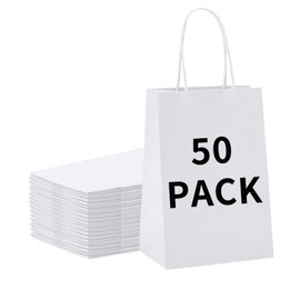 BAG BOX 50 Pack 5.9x3.1x8.25 Inch White Gift Bags with Handles,Bulk Kraft Paper Bags for Shopping, Retail, Merchandise, Wedding, Party Favors, Paper Grocery Sacks