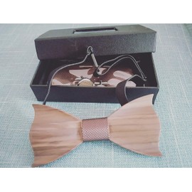 Good partner Wooden bow tie men's wooden bow tie men's classic 3D embossed wooden bow tie set plaid square scarf cufflinks casual solid wood environmental protection set. - brown