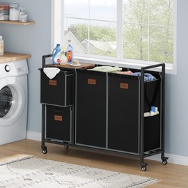 Hoctieon 4 Section Laundry Cart, 52.8 Gal. (200L) Laundry Hamper with Lid, Laundry Basket with Wheels, Rolling Laundry Sorter Organizer with Shelf, Clothes Separator with Removable Bags, Black
