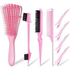 8Pcs Hair Brush Set,Hair Brush with Hair Styling Comb Set, Detangling Hair Brushes for Women Men Kids Curly Hair,with 4 Duckbill Clips (Pink)