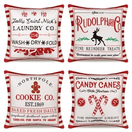 LOMOHOO Christmas Pillow Covers 18x18 Inch Set of 4 Red Stripe Rustic Linen Pillow Case for Sofa Christmas Decorations,Xmas Cushion Cases for Couch Red