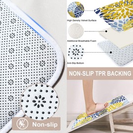 ArtSocket Spring Floral Bathroom Set with Shower Curtain and Rugs and Accessories, Blue Yellow Navy Flower Abstract Grey Plant Leaf Flowers Shower Curtain for Bathroom Decor 4 Pcs