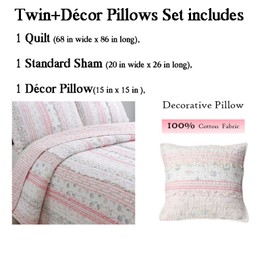 Cozy Line Home Fashions Shabby Chic Pink Flower Lace Ruffle Stripe 100% Cotton Reversible Quilt Bedding Set, Coverlet, Bedspread (Pink, Twin -3 Piece: 1 Quilt + 1 Sham + 1 Décor Pillow)