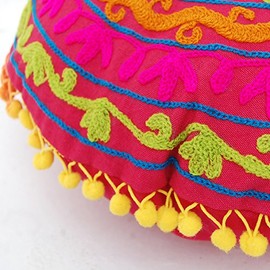 Traditional Jaipur Bohemian Throw Round Suzani Cushion, Embroidered Pillowcovers 16", Decorative Throw Pillow Cases, Indian Pom Pom Outdoor Cushions, Boho Pillow Shams