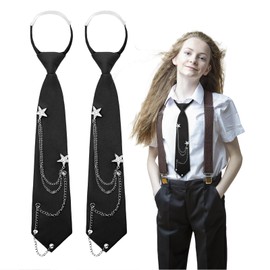 TELAIN 2 Pieces Black Ties for Women and Men, Gothic Punk Metal Chain, Pre-tied Adjustable Tie for Uniform, School, Shirt Accessory