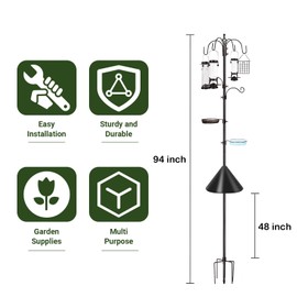 YINGYM 6-Hook Bird Feeding Station Kit Wild Bird Feeder Stand Pole, Multi-Feeder Hanging Kit Stand with Water Bowl, Mesh Tray and Squirrel Guard Baffle, 94 Inch