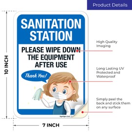 Sanitization Station Please Wipe Down The Equipment After Use Sign, 10x7 Inches, 4 Mil Vinyl Decal Stickers Weather Resistant, Made in USA