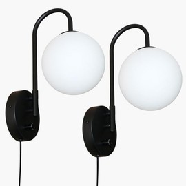 beatineon Wall Sconces Set of Two, Plug in Cord and Dimmable Knob Switch, Black, Spherical Milky White Glass Globe Shade Wall Lights for Bedroom, Bulbs Icluded