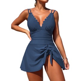 ZAFUL Womens One Piece Swimsuit Swimdress Tummy Control Bathing Suit Scalloped V Neck Adjustable Straps Tie Knot Swim Dress Skirt (Deep Blue M)