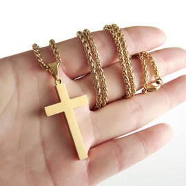RS Gold Cross Necklace for Men Boys Stainless Steel Pendant Chain Religious Christian Baptism Catholic Confirmation Jewelry Gifts Teenage Son Him Teen
