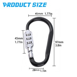 MyyYiTar 2pcs Large 3.8 inch Carabiner with Built-in 3-Digit Combination Lock – Durable Aluminum Alloy, Keyless Security for Everyday Use（Black）