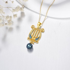 SHINYKEND Tahitian Natural Black Pearl Lyre Necklace for Women, 925 Sterling Silver Plated With 18k Gold Abalone Harp Necklace Music Jewelry for Music Students,Music Lovers Greek Mythology Style 18+2" (style-1)