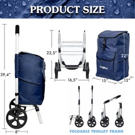 UTROLLEY Ultra-Lightweight Blue Foldable Shopping Cart for Groceries - Large 42L Capacity Soft Rolling Rubber Wheels, Removable Bag, Multi-Function Personal Hand Truck