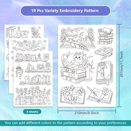 GLOBLELAND 4 Sheets 11.7x8.3" Books Water Soluble Embroidery Stabilizer Flowers Cats Hand Sewing Stabilizers Self Adhesive Washable Embroidery Stabilizer for Beginners