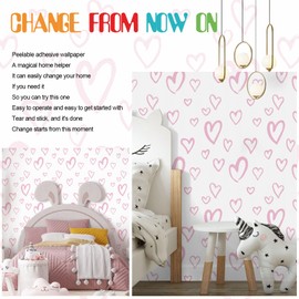 Pink Peel and Stick Wallpaper 17.3"x118" Modern Heart Vinyl Contact Paper Self Adhesive Removable Love Wallpaper DIY for Bedroom Girls Room Decoration Kids Room Baby Nursery Room Wall Decals