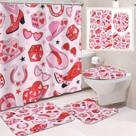 Boewywh 4 Pcs Bathroom Sets with Shower Curtain and Rugs, Vintage Pink Valentine Cowgirl Heart, Bath Decor Retro 60S 70S Western Aesthetic Love Shower Curtain Sets for Bathroom Decor with 12 Hooks