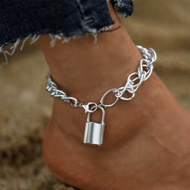 Yienate Hip Hop Lock Anklet Bracelet Silver Lock Pendant Ankle Chain Punk Thick Chain Lock Foot Chain Beach Anklet Foot Jewelry Gift for Women Girls