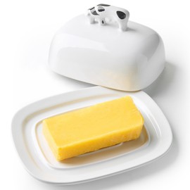 Butter Dish with Lid for Countertop, 7.8" x 6.3" Large Ceramic Butter Keeper Container with Cow Handle, White Butter Holder Tray for East West Coast Butter Stick, Microwave & Dishwasher Safe
