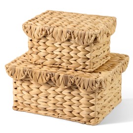 2 Pack Scalloped Wicker Storage Baskets with Lids, Rectangle Rattan Storage Basket, Handwoven Water Hyacinth Decorative Basket for Bedroom Living Room Organization