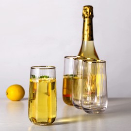 Lysenn Stemless Wine Glasses Set of 4 - Premium Hand Blown Drinking Glasses for Bubbly Wine & Champagne - Elegant Vertical Stripe and Gold Rim Champagne Flutes – Clear 17oz