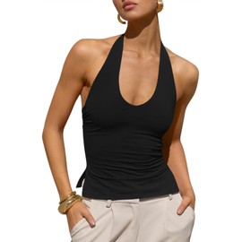 Womens Summer Tops Halter Backless Crop Tank Top Ruched Tie Back 2025 Fashion Beach Vacation Outfits Black