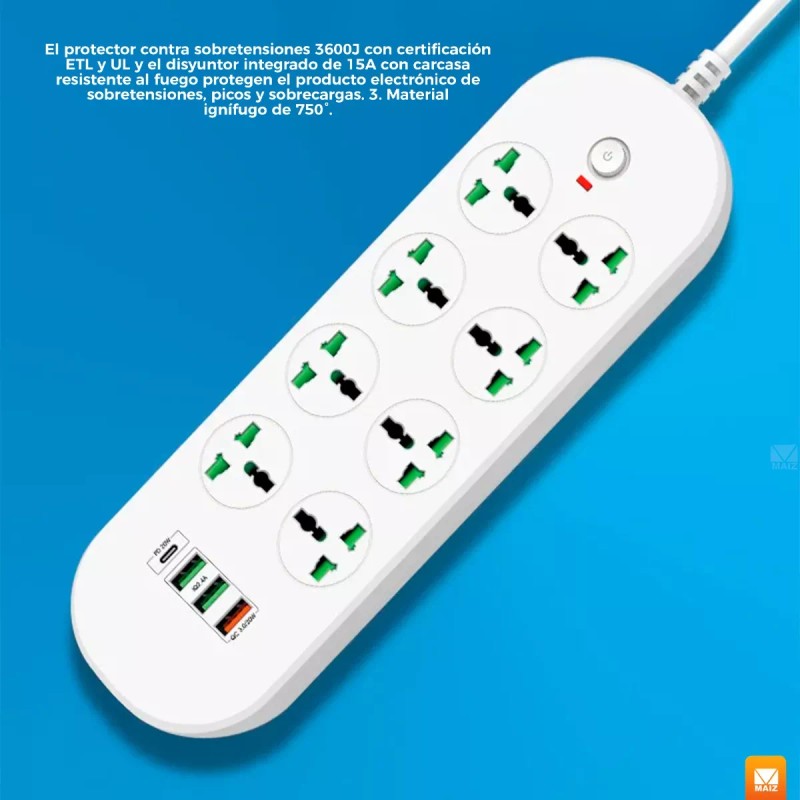 Maíz Multicontacto Cargador Barra Usb Supresor Picos Escritorio