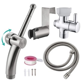 BARROCK Handheld Bidet Sprayer Set for Toilet, Portable Bathroom Bidet Seat Attachment, Hang or Wall-Mount Shattaf Kit for Hygienic or Cleaning with Brass T-Valve Explosion-Proof Hose Brushed Nickel