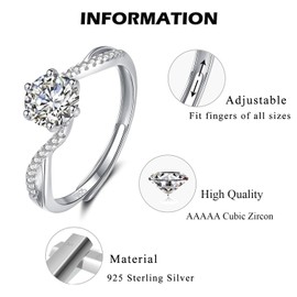 Deyanse Silver Women's Rings, 925 Sterling Silver Engagement Ring for Women Love Bride, Adjustable Open Round Heart Wedding Ring with White Cubic Zirconia, Wedding Rings Women's Ring Jewellery with