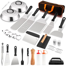 HaSteeL 25Pcs Griddle Accessories Kit, Stainless Steel Teppanyak Tools Set with Metal Spatulas, Melting Domes, Burger Press, Great for Flat Top Cooking Camping Outdoor BBQ, Heavy Duty & Easy to Clean