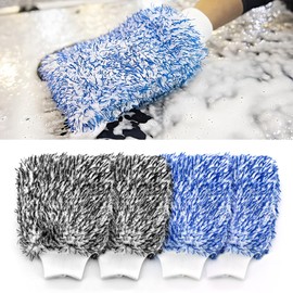 ROUDJER Car Wash Mitt, Microfiber Wash Mitt Scratch, 4 Pack Microfiber Ultra Absorbent Non Scratch Car Wash Kit for Cars Motorcycles SUV Trucks Boats (Black + Blue)