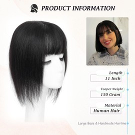 JANATOUCH Hair Toppers For Women Real Human Hair Black Color 11 Inches Human Hair Topper With Bangs For Slightly Hair Loss To Add Volume