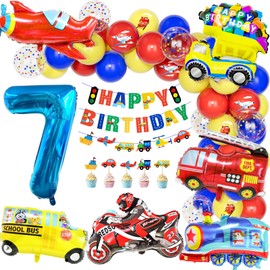 Teselife 7 Birthday Decorations Boys Kids Cars Transportation Birthday Party Decoration Red Blue Yellow Transport Car Theme Balloons Happy Birthday Banner 7 Year Old Birthday Seventh Birthday Supplies