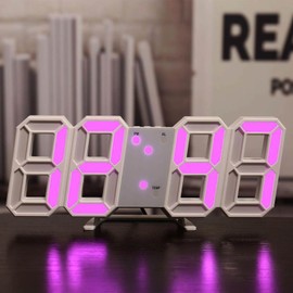 LED Digital Desk Alarm Clock Silent 3D Digital Wall Clock Desktopfor Living Room Bedroom White Frame and Pink Character