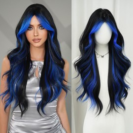 7JHH WIGS 31in Natural Black Blue Highlight Long Wavy Wigs with Curtain Bangs Natural Heat Resistant Synthetic Fiber Midlle Part Women Curly Ombre Wigs for Chrismas Party Daily Used
