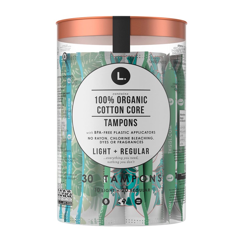 L, Organic Cotton Tampons, DuoPack Light/Regular Absorbency, 30 Count