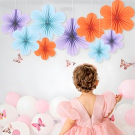 9Pcs Hanging Paper Fans, Paper Flowers Decorations, Abanicos De Papel Colgantes, Paper Floral Backdrop for Classroom Decoration, Birthdays, Rustic Weddings, Parties (Orange Purple Blue)