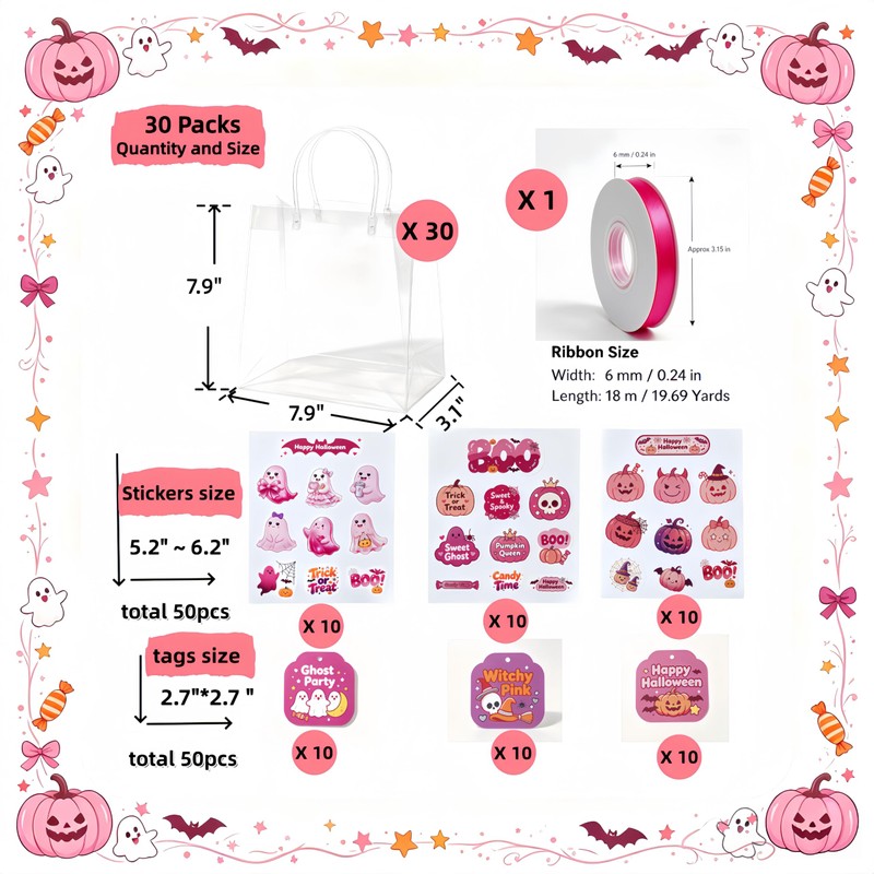 30 Pack PVC Halloween Goodie Bags,Clear Treat Bags with Tags