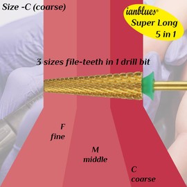 ianblues 5 in 1 Nail Drill Bit Super Long Edition Efile of Drill Machine Design for Extension Nails Fake Acrylic Nails and Normal Nail Gels Nail Techs Professional E-File (Coarse -C)