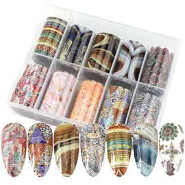 KAAGEE 10 Rolls Retro Nail Foil Holographic Nail Foils Paper Marble Mandala Nail Transfer Foil Nail Decals Iridescent Nail Stickers Design 3D Nail Decorations for DIY Craft, 2# Boho&marbe Style