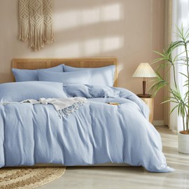 DXHOME Muslin Bed Linen 135 x 200 cm Light Blue 100% Cotton Children's Bed Linen Set Soft Breathable Duvet Cover with Zip + 1 Pillowcase 80 x 80 cm