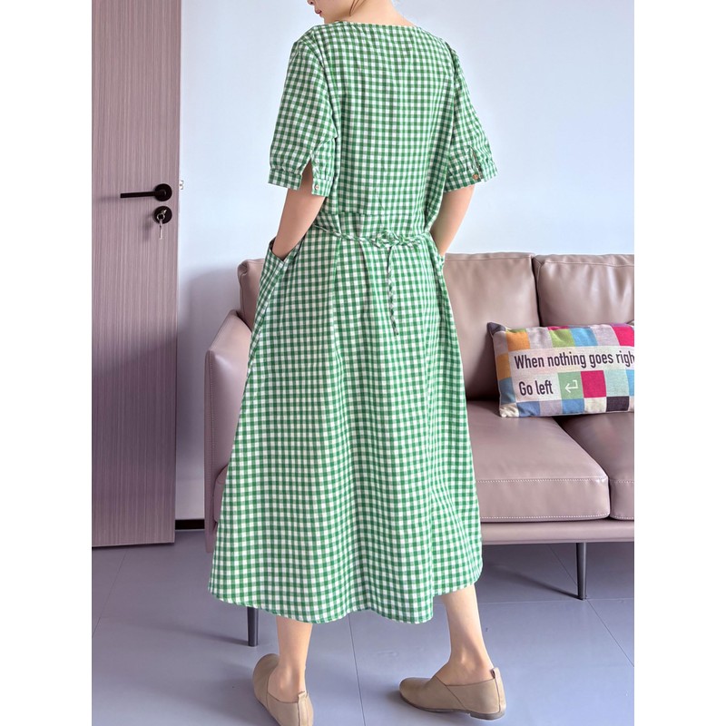 Minibee Women's Cotton Linen Dress Summer Short Sleeve Casual Plaid