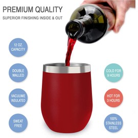 CHILLOUT LIFE Stainless Steel Wine Tumblers 2 Pack 12 oz - Double Wall Vacuum Insulated Wine Cups with Lids and Straws Set for Coffee, Wine, Cocktails - Cherry Red