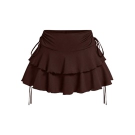 PRSFPN Women's Y2k Mini Ruffle Skirts with Shorts Tiered Layers Cute Elastic Waist Coquette Skort Drawstring Side Bow Tie (Brown, Large)