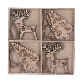 Gisela Graham Natural Wooden Tree & Deer Shaped Decorations with Gold Glitter Detail (Box of 8)