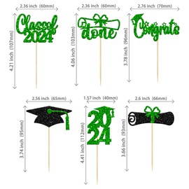 Paquete de 24 adornos para cupcakes de clase 2024 con purpurina, 2024, con tapa de grado, diploma hecho para magdalenas, 2024, decoración de pasteles, decoración de pasteles, color verde